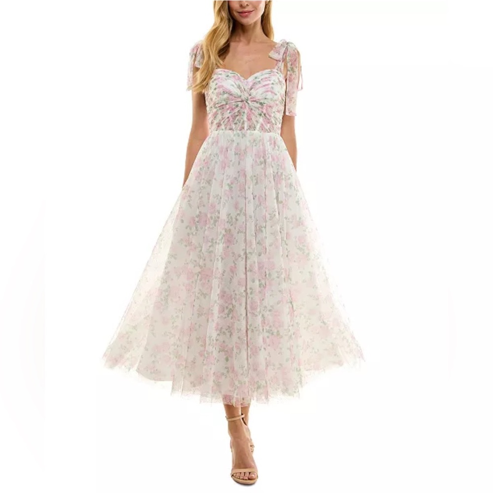 SENI & CADE Juniors' Twist-Front Shoulder-Tie Midi Floral White Dress